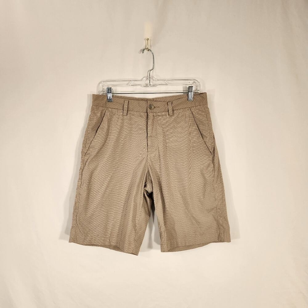 ASHWORTH Tan Brown Check Flat Front Lightweight Summer Casual Golf Shorts Men 32